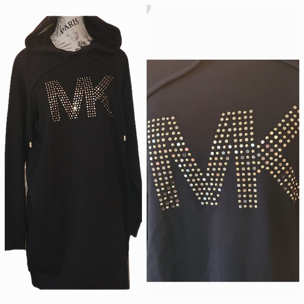NWT ❗️ Michael Kors studded logo hoodie dress black with gold rhinestones logo S